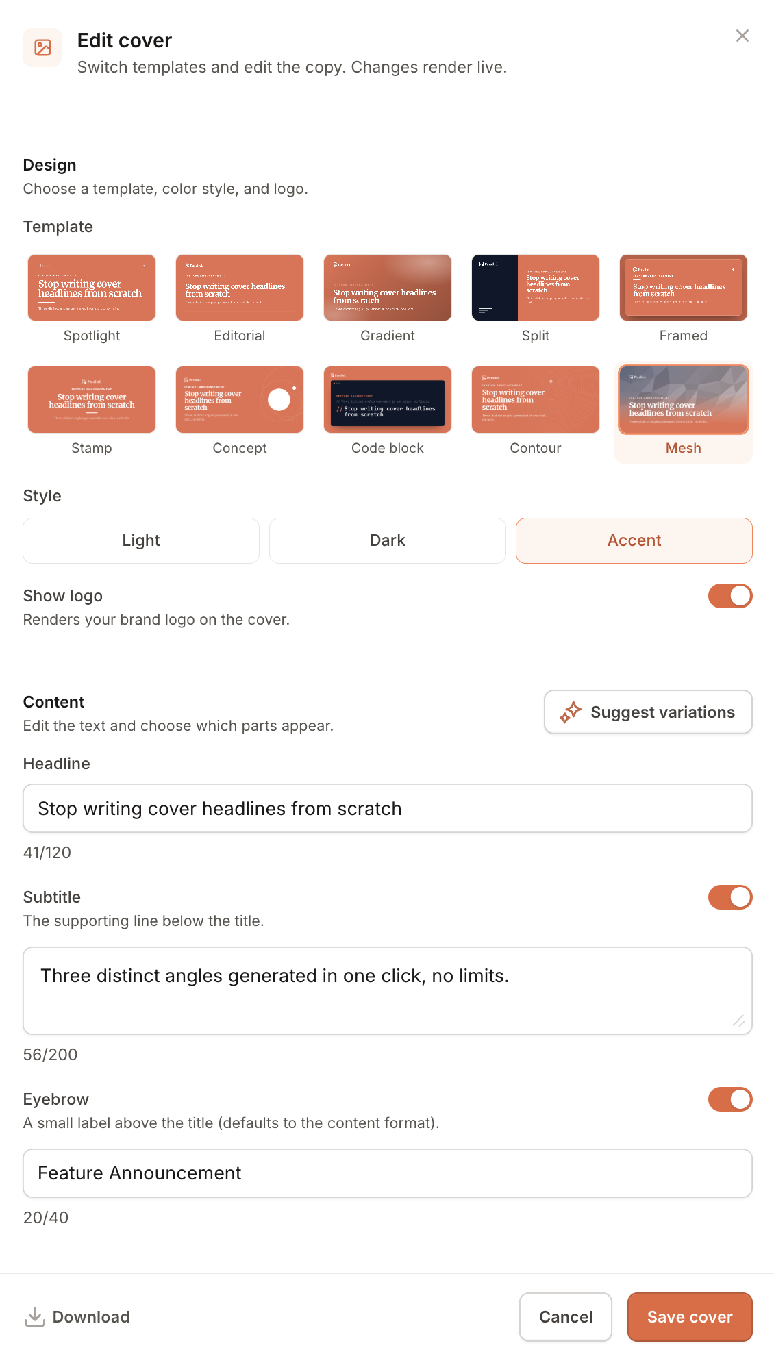 The Parallel cover editor open on a draft, showing the Design section with the template grid, the Light/Dark/Accent style switcher, and a Show logo toggle, alongside the Content section with the Suggest variations button and the headline, subtitle, and eyebrow fields