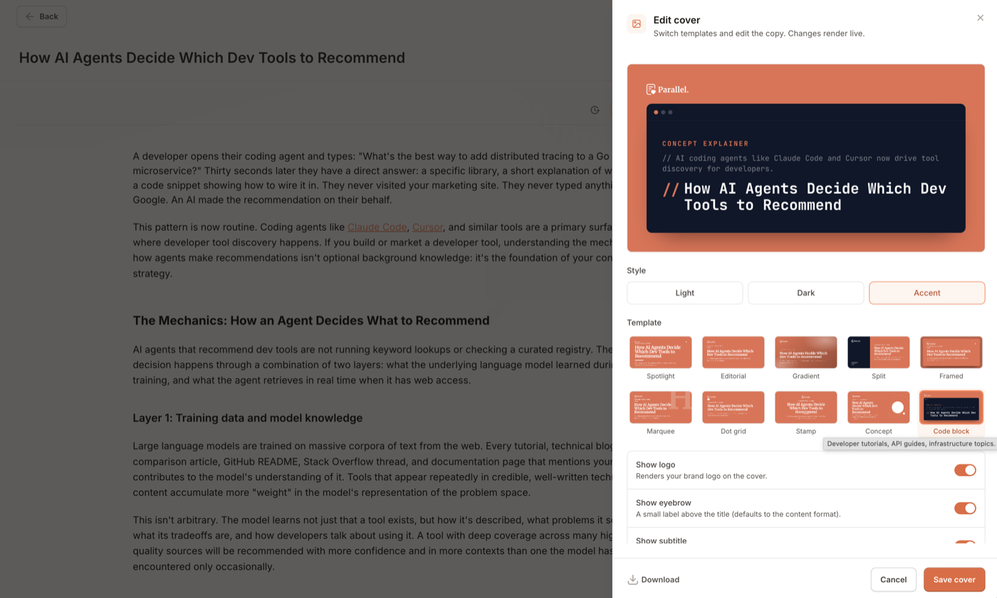 The interactive cover editor open on a draft, showing the template grid, style switcher, and a live preview rendered in the Code Block template with the Accent style