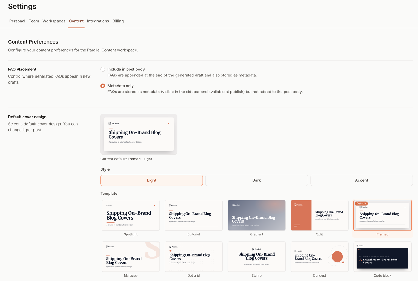 The Settings → Content page showing the default cover design picker, with a live preview and a grid of all 10 templates